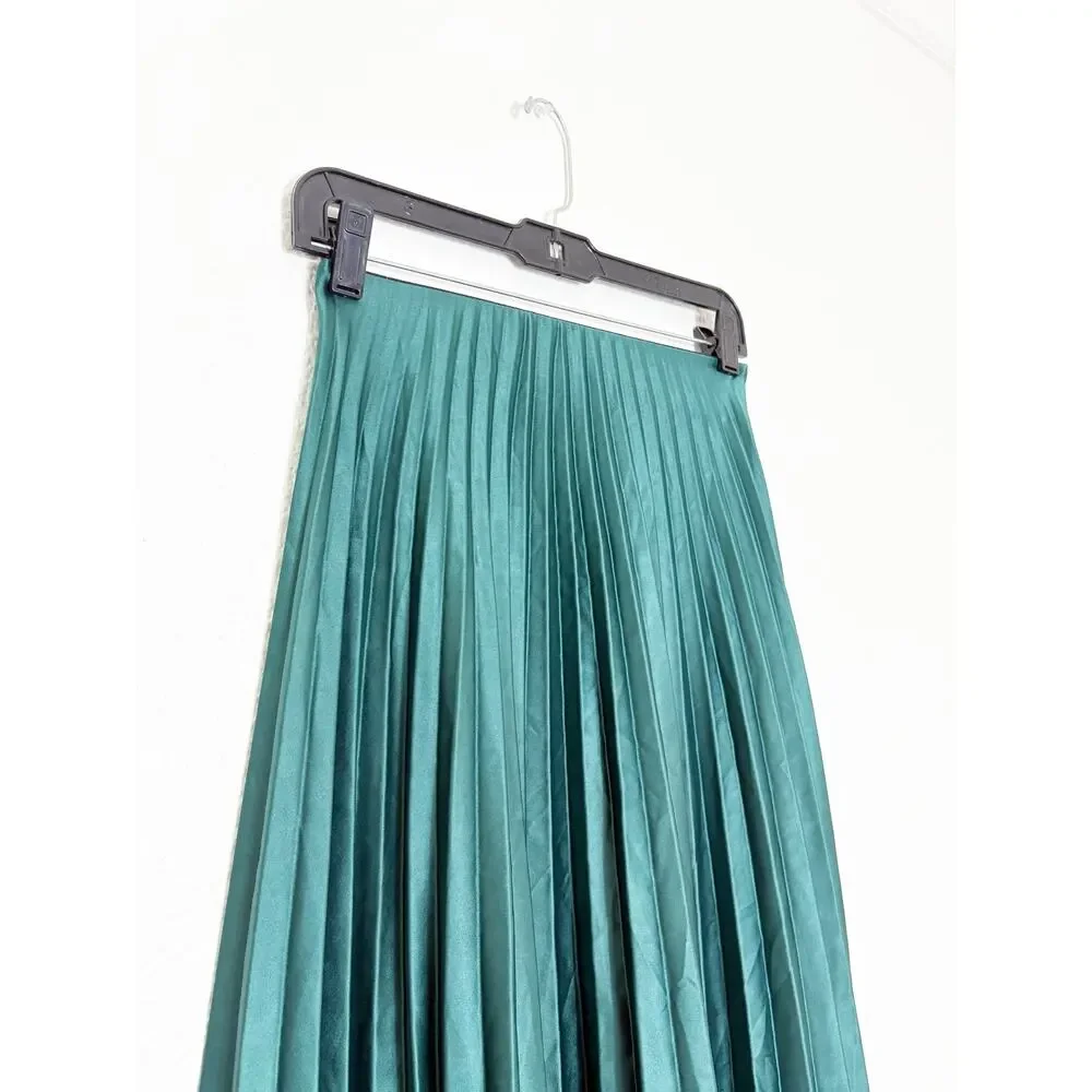 Zara Emerald Green Pleated Midi Skirt Size XS High Rise Chic Preppy Minimalist